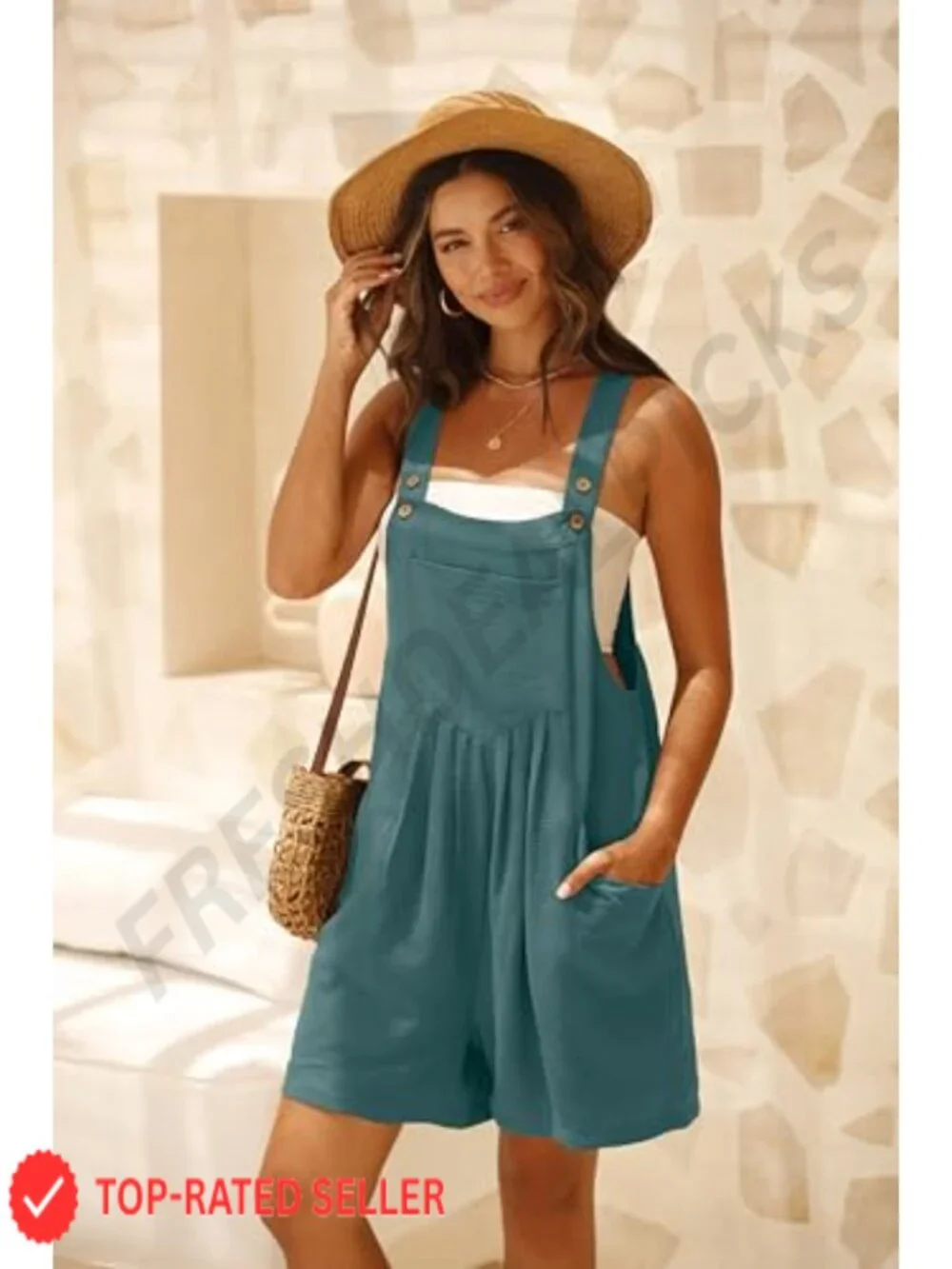 Sleeveless Square Neck Loose Overall Shorts Jumpsuit with Pockets Summer Beach